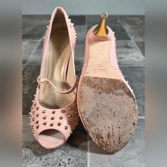 POUR LA VICTOIRE PINK SPIKED PLATFORM PEEPTOE HEELS. - Picture 7 of 12